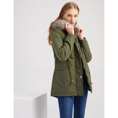 Army Green Fur Collar Drawstring Waist Warm Hooded Parka Coat TQK280130-27