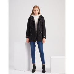 Black Waist Drawstring Plush Hooded Thick Parka Coat TQK280127-2