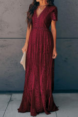 Burgundy Deep V Neck Short Sleeve Lace Maxi Dress LC611316-103
