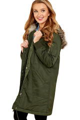 Army Green Fur Trim Hooded Longline Coat