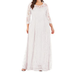 White 3/4 Sleeve Crew Neck Lace Plus Size Dress TQK310977-1