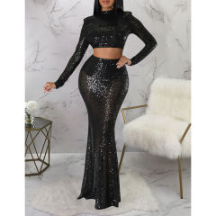 Black Sequined Crop Top with Fishtail Skirt Set TQV810034-2