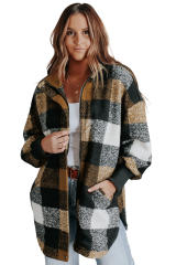Black Zipper Side Pockets Plaid Overcoat LC859014-2