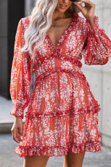 Red Ruffle Detailing Open Back Floral Dress LC220829-103