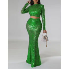 Green Sequined Crop Top with Fishtail Skirt Set TQV810034-9