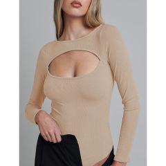 Apricot Ribbed Cut-out Long Sleeve Bodysuit TQV220110-18