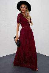 Burgundy Deep V Neck Short Sleeve Lace Maxi Dress LC611316-103