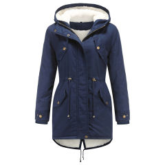 Navy Blue Waist Drawstring Plush Hooded Thick Parka Coat TQK280127-34