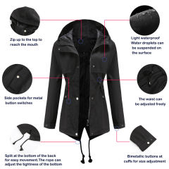 Black Waist Drawstring Hooded Outdoor Rainproof Coat TQK280126-2