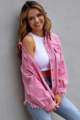 Pink Distressed Flap Pockets Raw Edge Denim Shacket LC788186-10