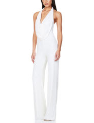 White Deep V Neck Pile Collar Backless Sequined Jumpsuit TQK550310-1