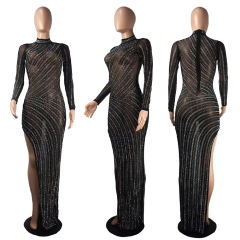 Black All-over Rhinestones Mock Neck High Split Maxi Dress TQK311318-2