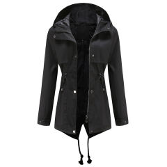 Black Waist Drawstring Hooded Outdoor Rainproof Coat TQK280126-2