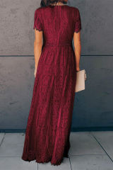 Burgundy Deep V Neck Short Sleeve Lace Maxi Dress LC611316-103
