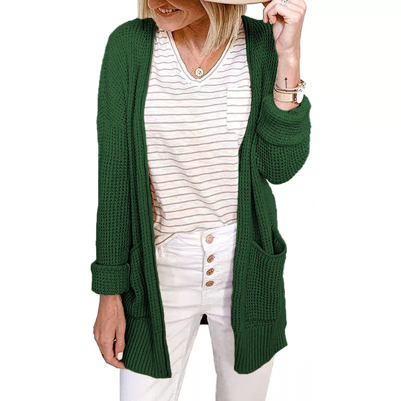 Dark Green Waffle Knit Cardigan with Pockets TQK271081-36