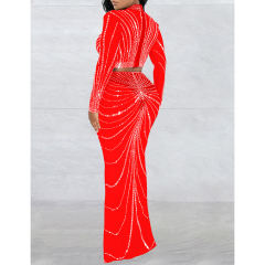 Red Rhinestones Long Sleeve Crop with Maxi Skirt Set TQV810029-3