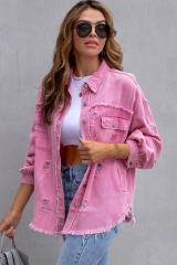 Pink Distressed Flap Pockets Raw Edge Denim Shacket LC788186-10