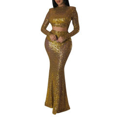 Gold Sequined Crop Top with Fishtail Skirt Set TQV810034-12