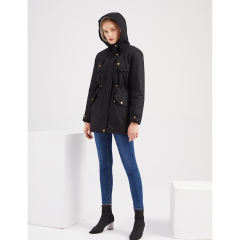 Black Waist Drawstring Plush Hooded Thick Parka Coat TQK280127-2