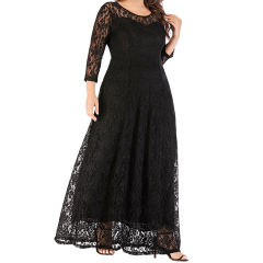 Black 3/4 Sleeve Crew Neck Lace Plus Size Dress TQK310977-2