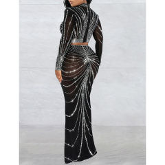 Black Rhinestones Long Sleeve Crop with Maxi Skirt Set TQV810029-2