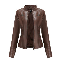 Coffee Zipper Pockets Long Sleeve PU Leather Jacket TQK280093-15