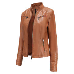 Camel Zipper Pockets Long Sleeve PU Leather Jacket TQK280093-58