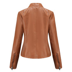 Camel Zipper Pockets Long Sleeve PU Leather Jacket TQK280093-58