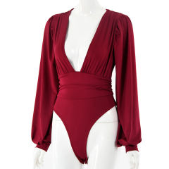 Wine Red Deep V Neck Pleated Long Sleeve Bodysuit TQK550214-103