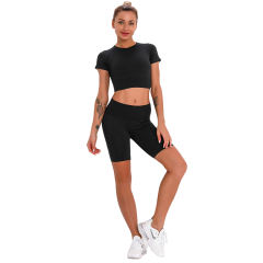 Black Seamless Short Sleeve Yoga Sports Set TQE00138-2