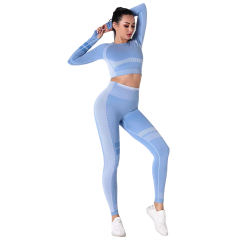 Light Blue Seamless Knit Long Sleeve Pant Yoga Set TQE91372-30