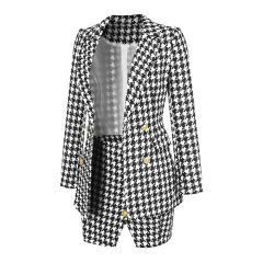 Black Plaid Print Blazer and Button Split Skirt Set TQF711046-2