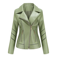 Light Green Turn Down Slim Fit PU Leather Jacket TQK280095-28
