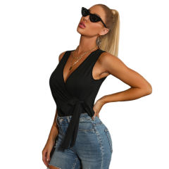 Black Front Knotted V Neck Bodysuit TQK550232-2