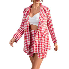 Red Plaid Print Blazer and Button Split Skirt Set TQF711046-3