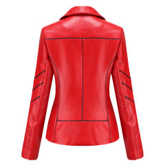 Red Turn Down Slim Fit PU Leather Jacket TQK280095-3