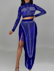 Blue Rhinestone Long Sleeve Crop Tops and Tassels Skirt Set TQV810016-5