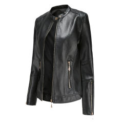 Black Stand Collar Zipper Detail PU Leather Jacket TQK280094-2