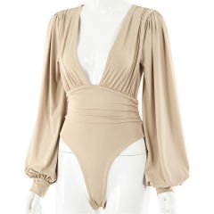Khaki Deep V Neck Pleated Long Sleeve Bodysuit TQK550214-21