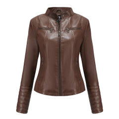 Coffee Zipper Pockets Long Sleeve PU Leather Jacket TQK280093-15