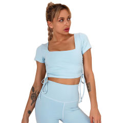 Light Blue Sides Drawstring Short Sleeve Yoga Pant Set TQK710243-30