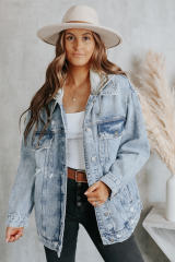 Sky Blue Button Closure Ripped Hooded Denim Jacket LC788143-4