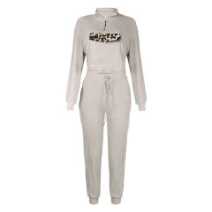 Light Gray Zipper Up Leopard Detail Sweatshirt with Pant Set TQK710222-25