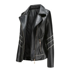 Black Turn Down Slim Fit PU Leather Jacket TQK280095-2