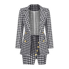Black Plaid Print Blazer and Button Split Skirt Set TQF711046-2