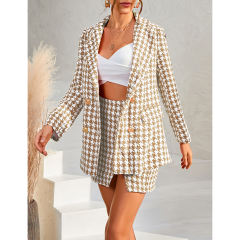 Khaki Plaid Print Blazer and Button Split Skirt Set TQF711046-21