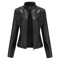 Black Zipper Pockets Long Sleeve PU Leather Jacket TQK280093-2