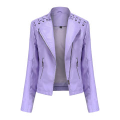 Light Purple Zipper Slim Fit Motorcycle PU Leather Jacket TQK280090-38