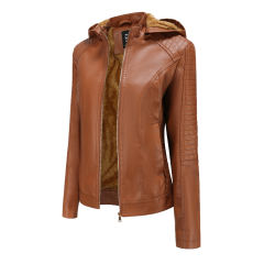 Camel Fleece Lined Plus Size PU Leather Jacket TQK280097-58