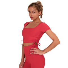 Red Sides Drawstring Short Sleeve Yoga Pant Set TQK710243-3